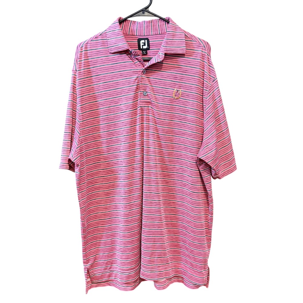 FootJoy FJ Mens ProDry Golf Polo Shirt Pink Navy Stripe Golden Horseshoe Logo L